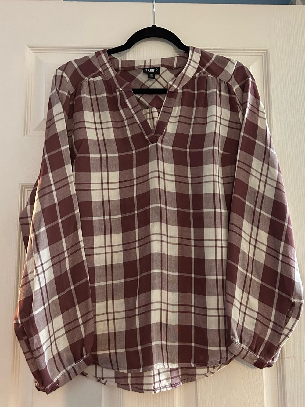 torrid Maroon and Cream Plaid V-Neck Tunic Top